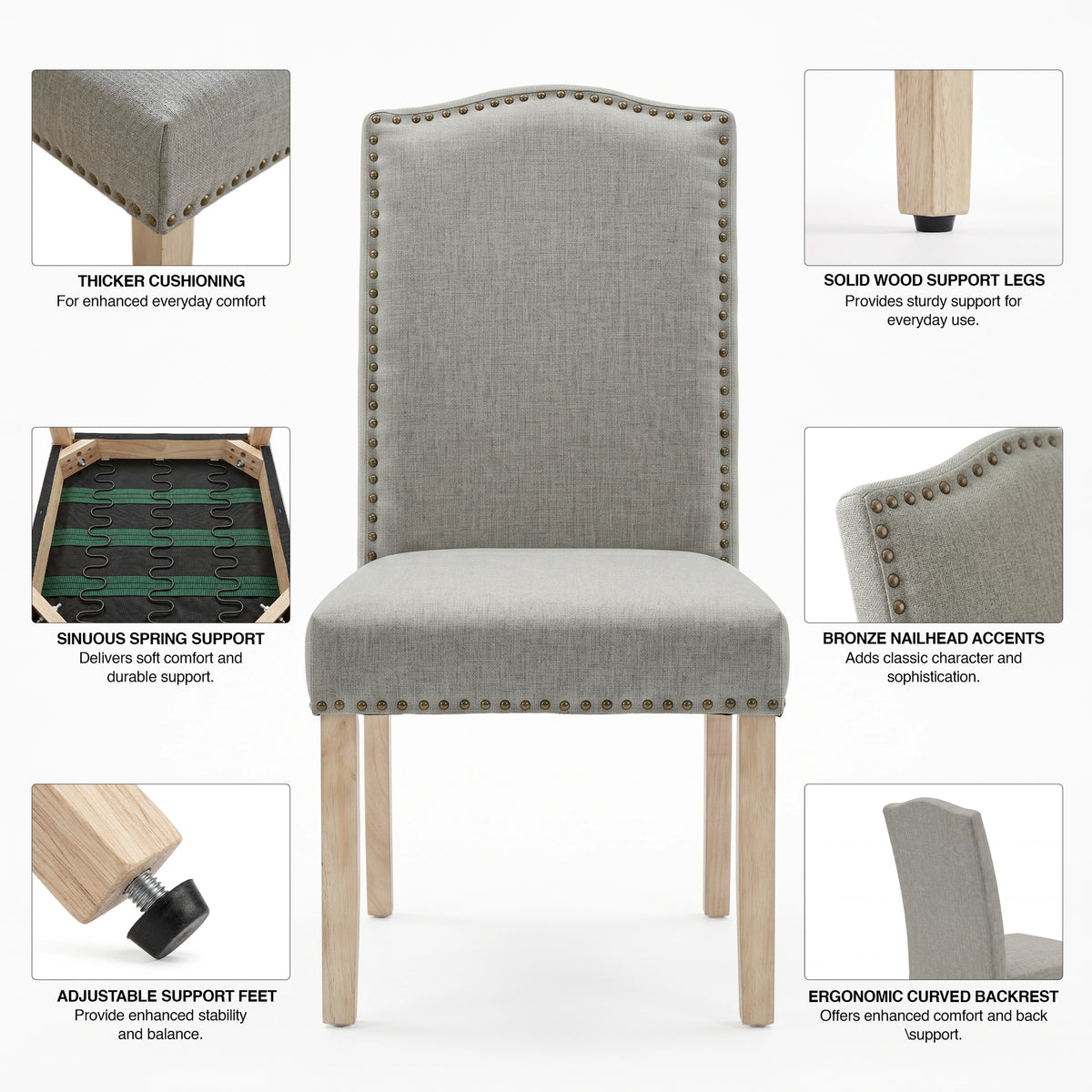 [Light Grey | Set of 4] Feature graphic highlighting cushioning, spring support, legs, and nailhead trim.