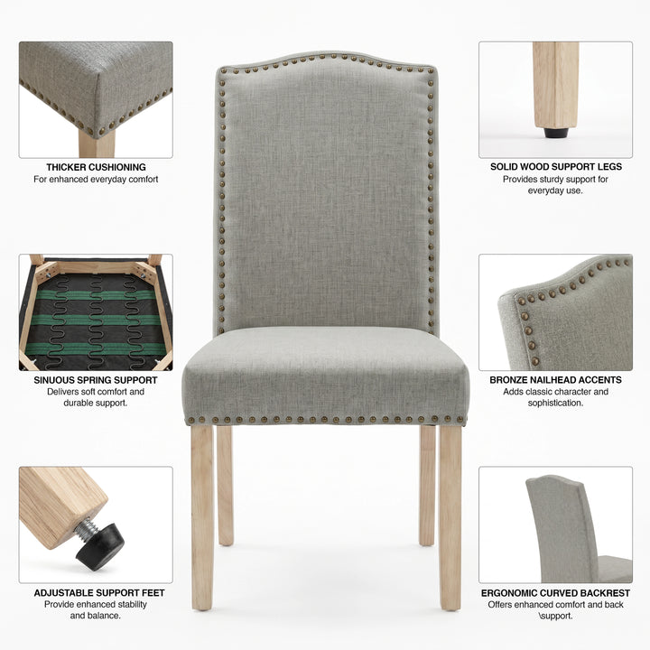 [Light Grey | Set of 4] Feature graphic highlighting cushioning, spring support, legs, and nailhead trim.