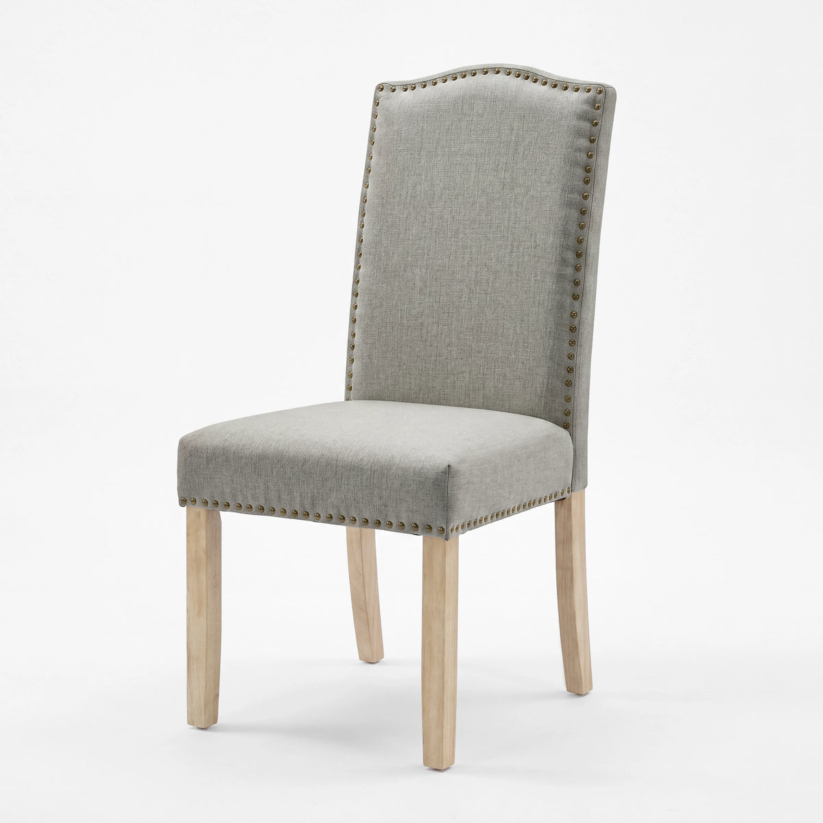 [Light Grey | Set of 2] Nailhead dining chair in fabric, high padded back, bronze trim and wooden legs
