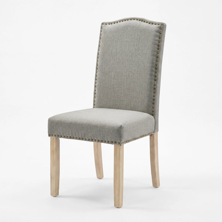 [Light Grey | Set of 2] Nailhead dining chair in fabric, high padded back, bronze trim and wooden legs