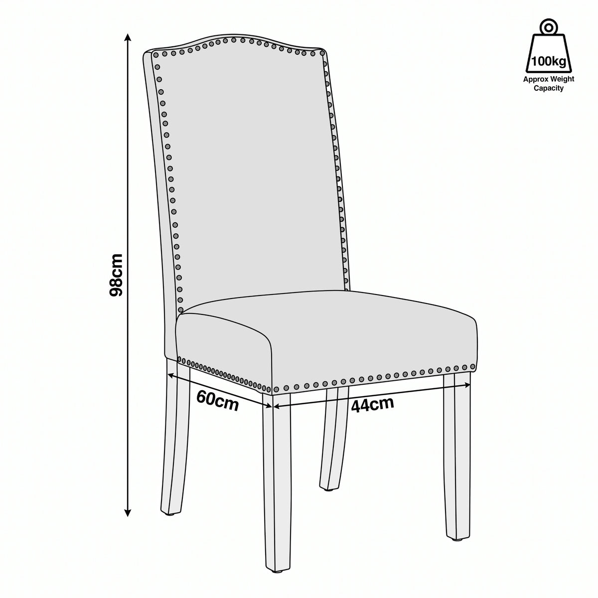 [Light Grey | Set of 4] Nailhead dining chair size guide: 44W x 60D x 98H cm, 100kg capacity shown