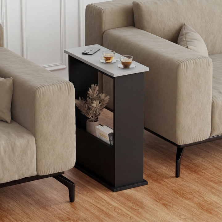 [Grey + Black] grey marble effect top black narrow side table between sofas, dried wheat in lower slot