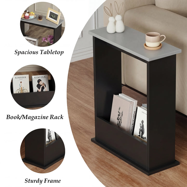 [Grey + Black] three inset views of grey top black side table: top surface, book slot and base frame