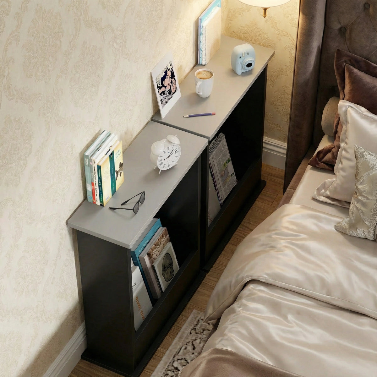 [Grey + Black] pair of grey top black side tables placed side by side as bedside beside a brown bed