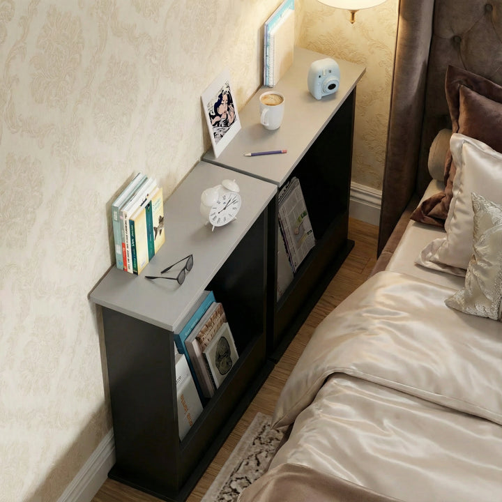 [Grey + Black] pair of grey top black side tables placed side by side as bedside beside a brown bed