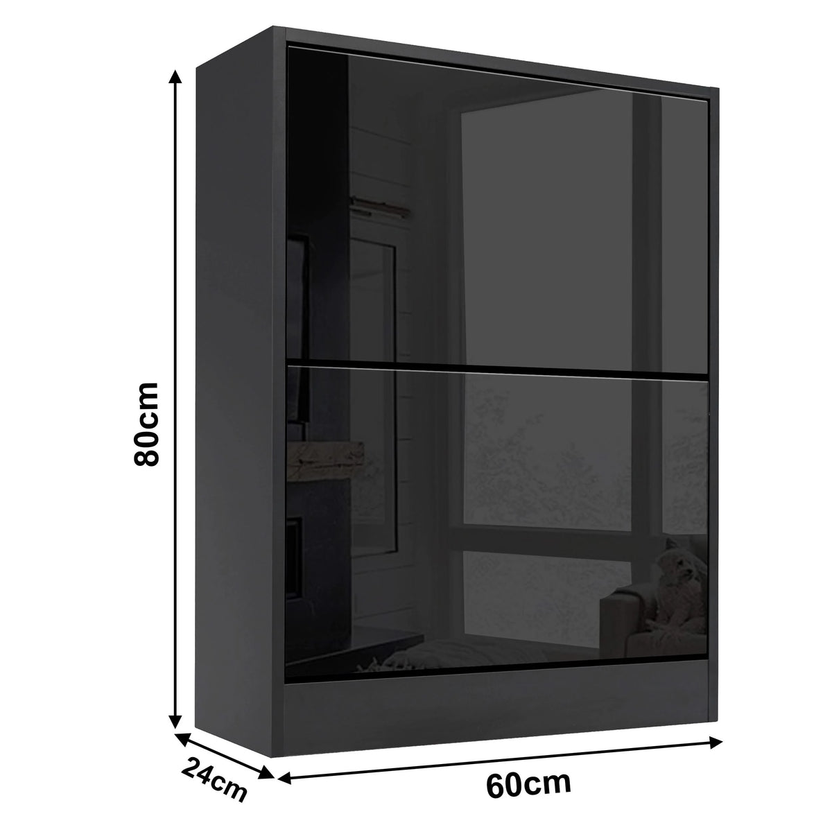 [Black] measurements of the slim black high gloss shoe cabinet: width 60 cm, depth 24 cm, and height 80 cm.