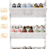 [White] Narrow shoe cabinet shown with three doors open, storing footwear like Crocs, slippers, boots, and wellies.