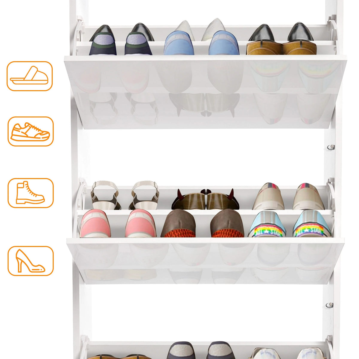 [White] Narrow shoe cabinet shown with three doors open, storing footwear like Crocs, slippers, boots, and wellies.