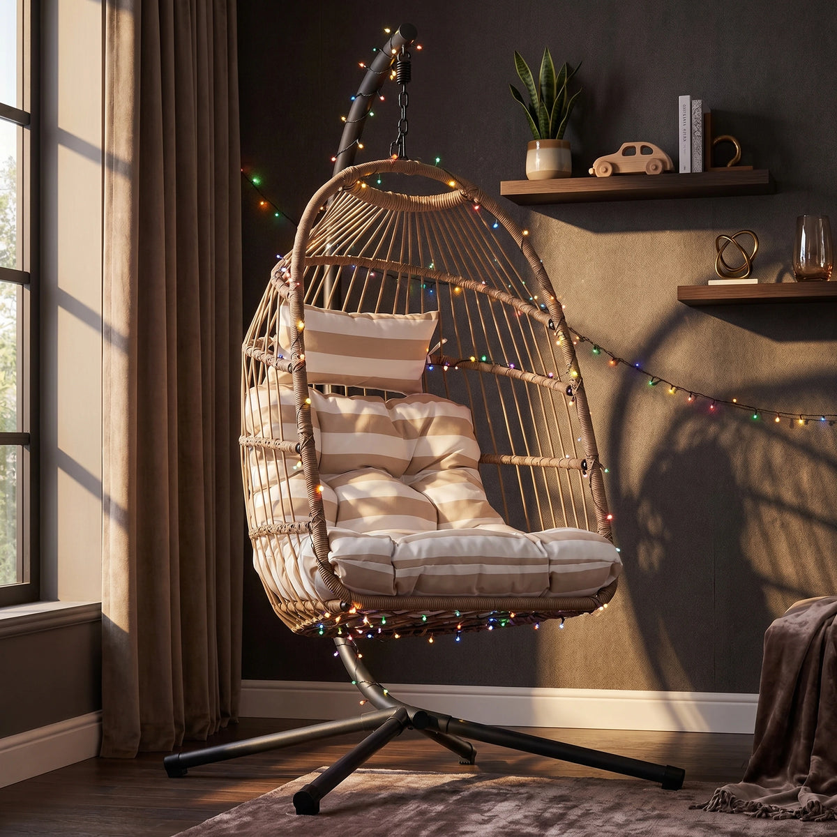 [Natural] comfortable hanging egg chair with soft cushions and sturdy stand for cosy indoor lounging