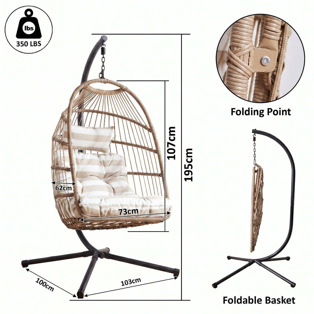[Natural] Dimensions diagram for natural garden egg chair: 73cm seat, 107cm chair, 195cm stand, 100x103cm base