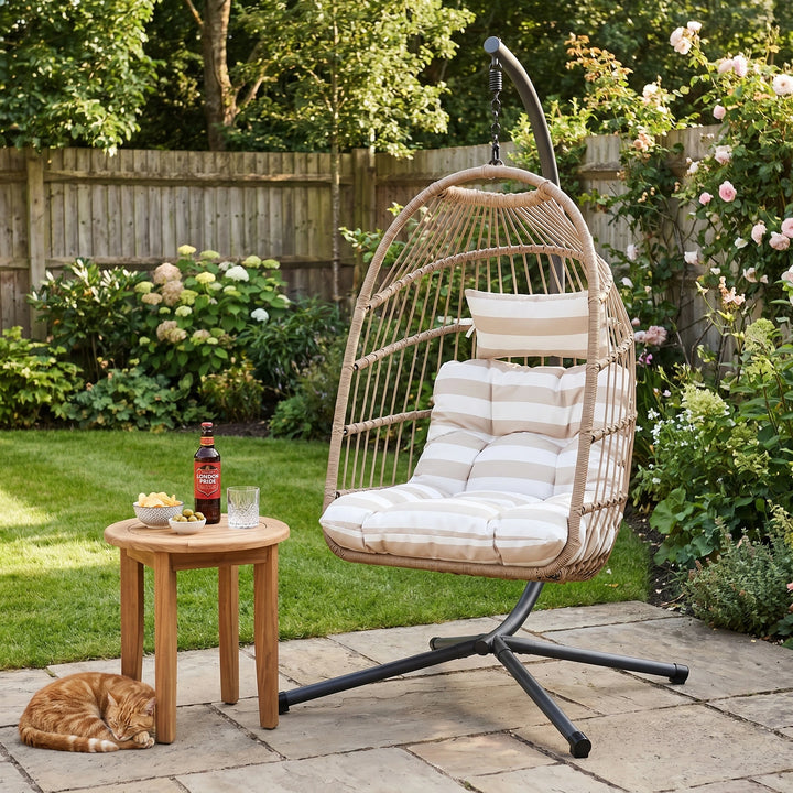 [Natural] hanging egg chairs for garden with striped cushions and sturdy metal stand