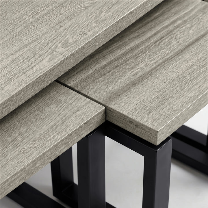 [Grey] Nestline nesting coffee table three table view showing the wood grain on the coffee table and nesting side table