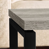 [Grey] Nestline nesting coffee table set close-up with thick grey oak-effect edge and black metal leg corner connection