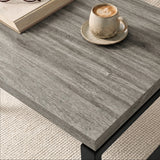 [Grey ] Nestline nesting coffee table set tabletop grey wood grain detail with a small cup 