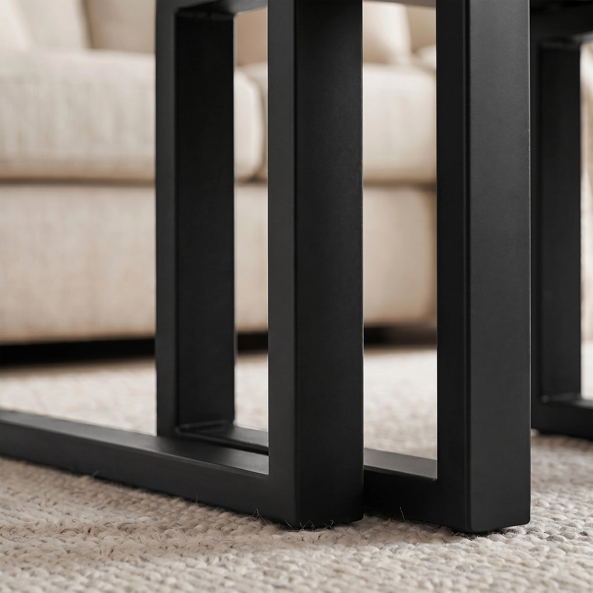 [Oak Effect] Nestline nesting coffee table close up of the black metal leg junction for side tables and coffee table