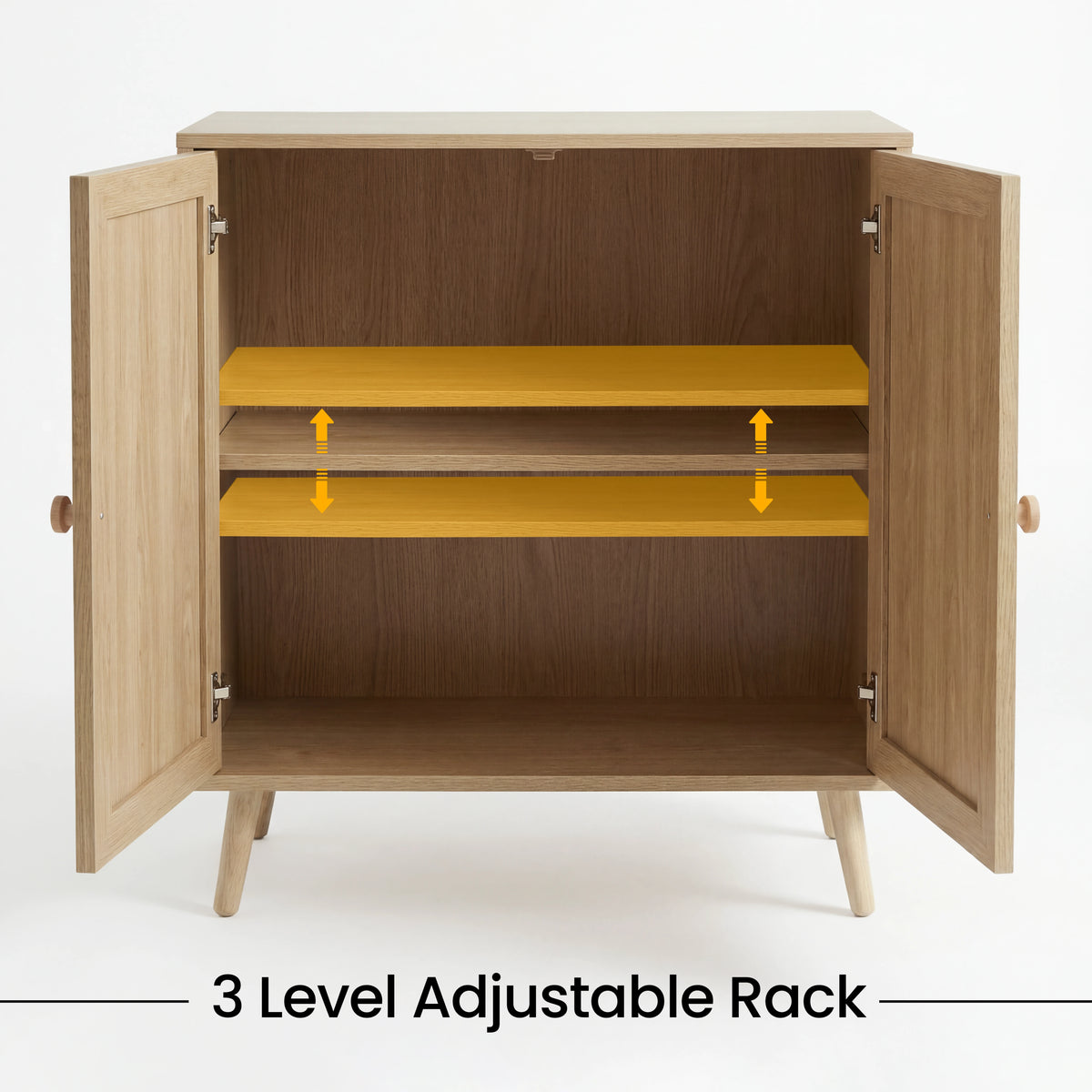 [Oak Effect] Wovena 2 door sideboard interior shown with 3 level adjustable shelf indicators in yellow