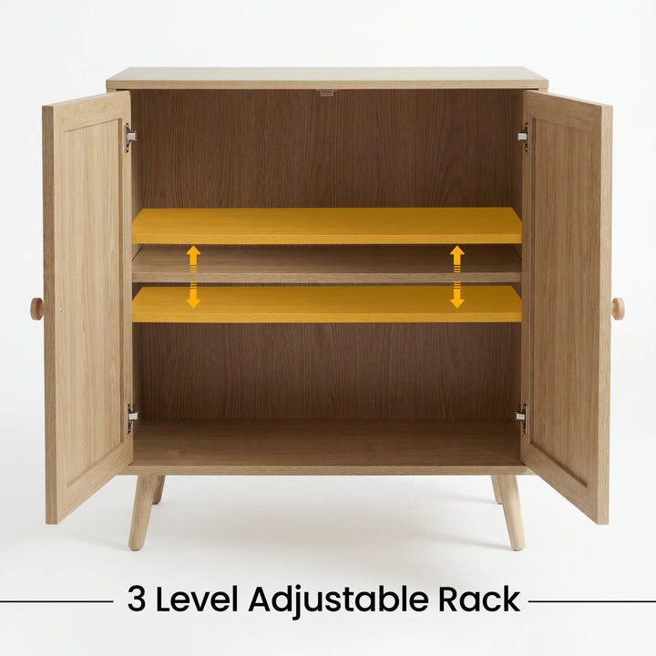 [Oak Effect] Wovena 2 door sideboard interior shown with 3 level adjustable shelf indicators in yellow