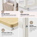 [Oak] feature graphic: storage basket, premium tabletop and strong metal frame details