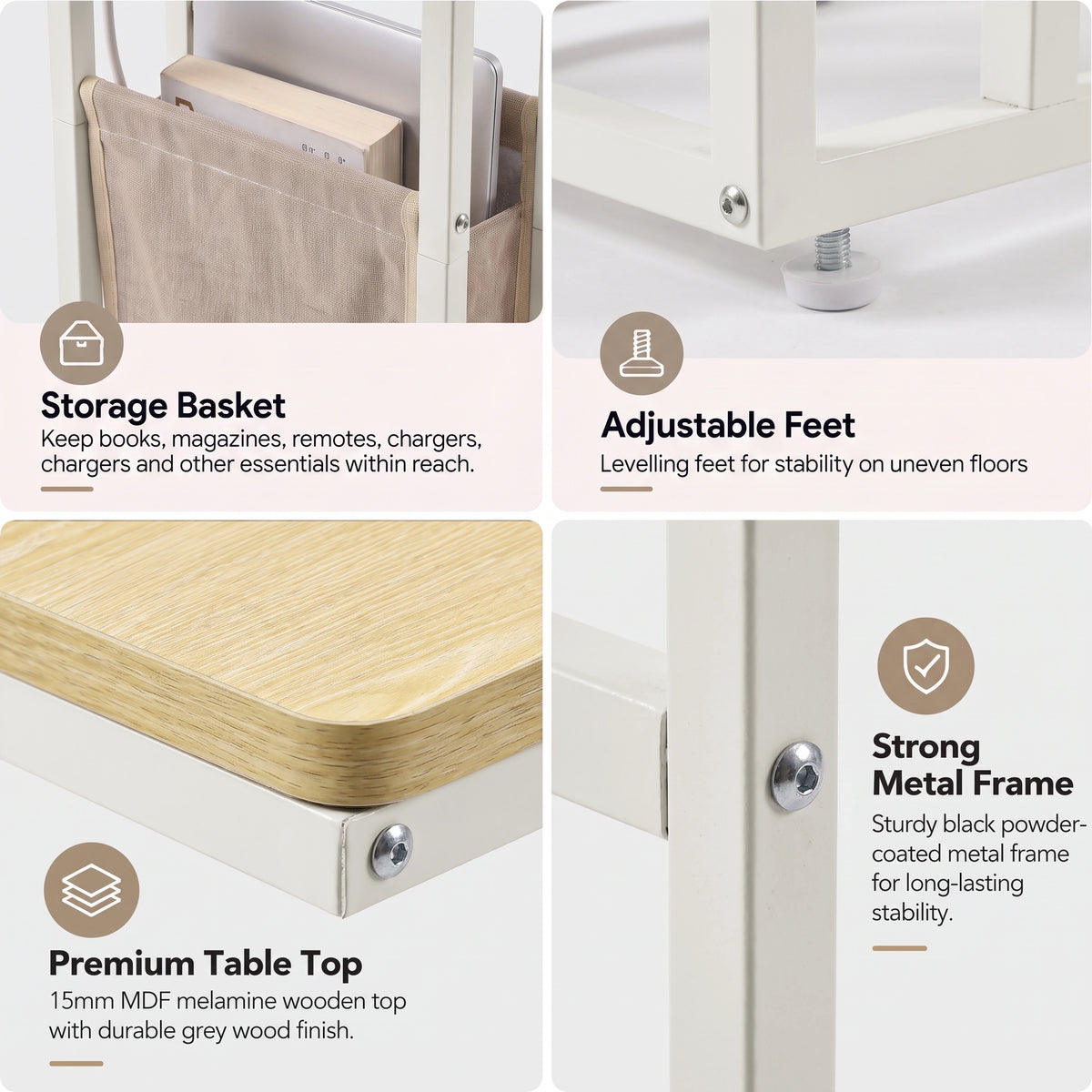 [Oak] feature graphic: storage basket, premium tabletop and strong metal frame details