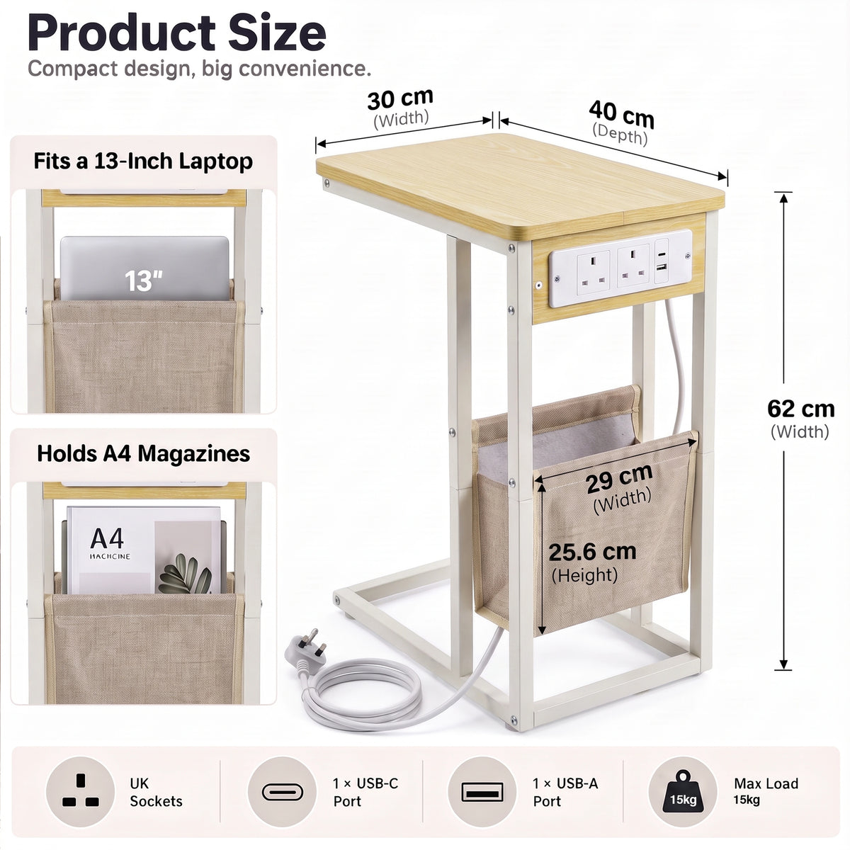 [Oak] Size graphic: 30W x 40D x 62H cm; pouch fits 13-inch laptop and A4 magazines; USB-A/C, 2 UK sockets, 15kg weight limit