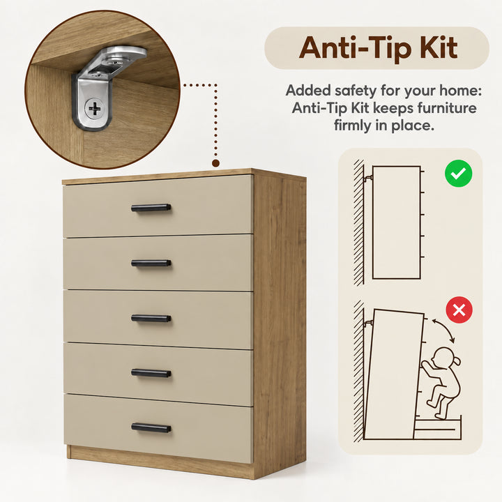 [Oak+Cashmere] Feature graphic demonstrating the wall-mounting Anti-Tip Kit for the Oak Cashmere Chest.