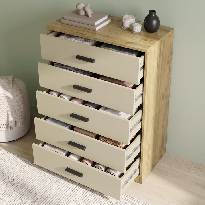 [Oak+Cashmere] High-angle view of the Oak Cashmere Tall 5 Drawer Chest with all five drawers pulled open.