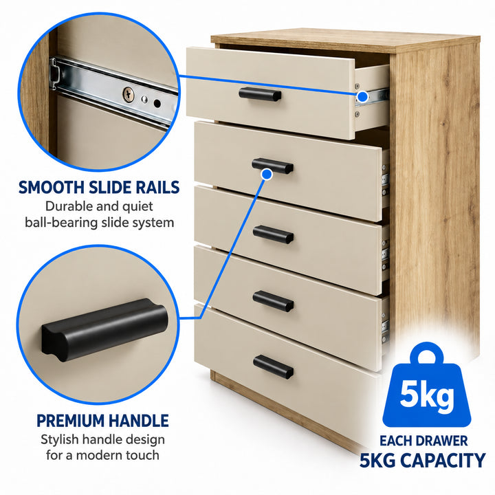 [Oak+Cashmere] Feature graphic illustrating smooth slide rails, handles, and 5kg drawer capacity.