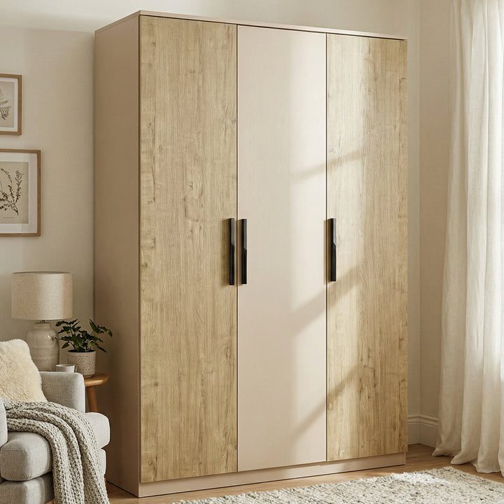 [Oak+Cashmere] Blythe wardrobe with two oak outer doors flanking a cream centre door in a lit room