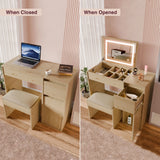 [Oak]  Wooden desk with laptop and stool on one side, and makeup station with mirror and drawers on the other side.