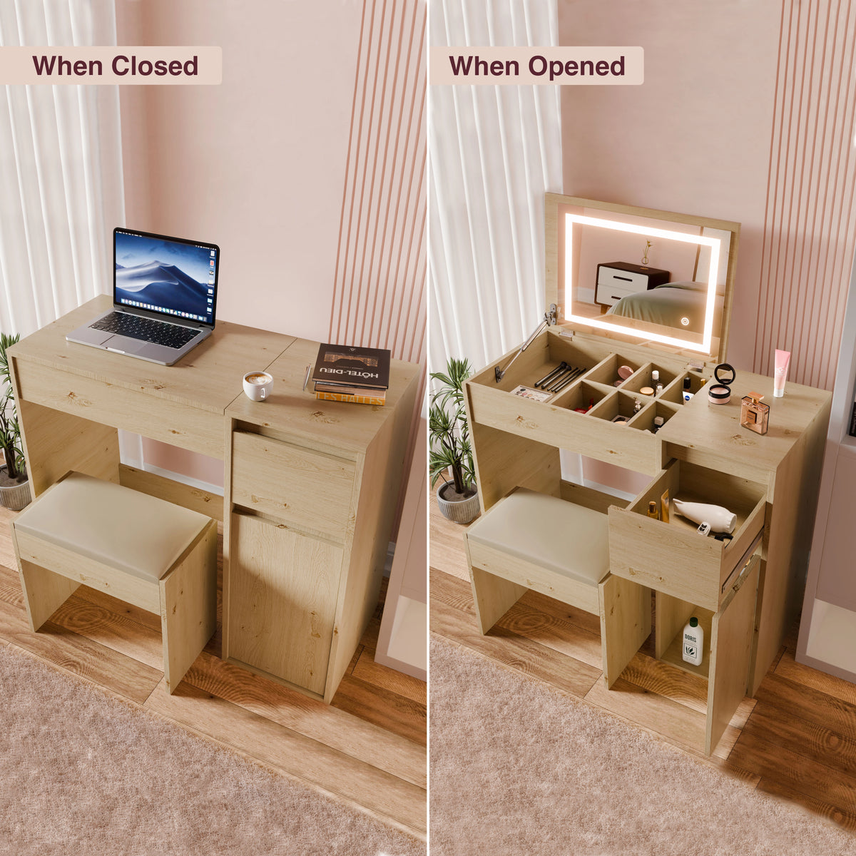 [Oak]  Wooden desk with laptop and stool on one side, and makeup station with mirror and drawers on the other side.