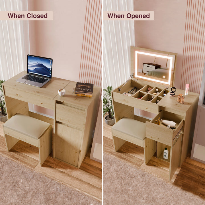 [Oak]  Wooden desk with laptop and stool on one side, and makeup station with mirror and drawers on the other side.
