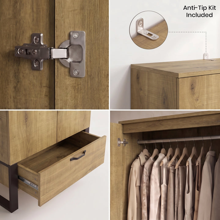 [Oak Effect] 2 door wardrobe collage view showing hinge hardware, drawer storage, and hanging rail