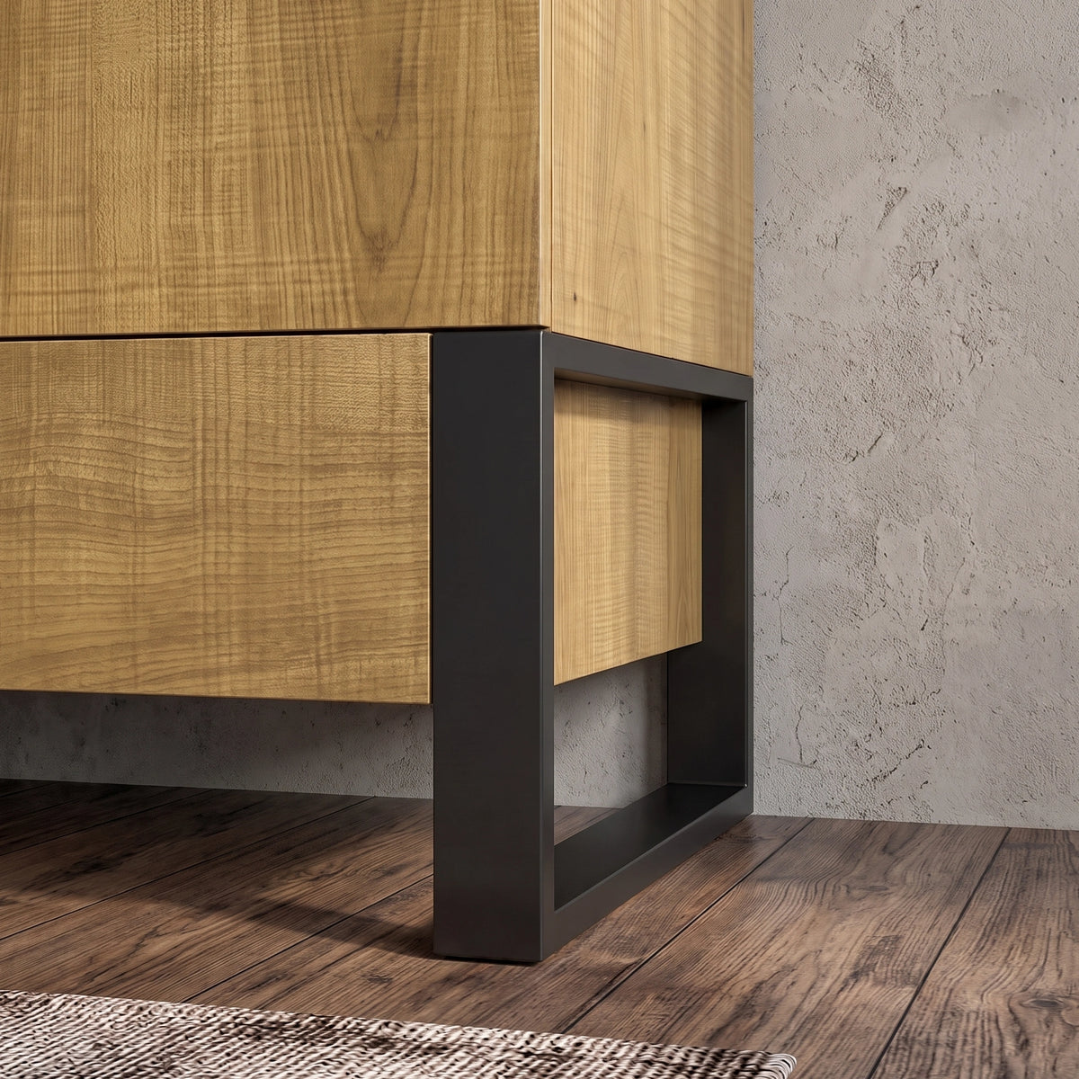 [Oak Effect] 2 door wardrobe side-base detail with black metal support and wood-effect lower panel