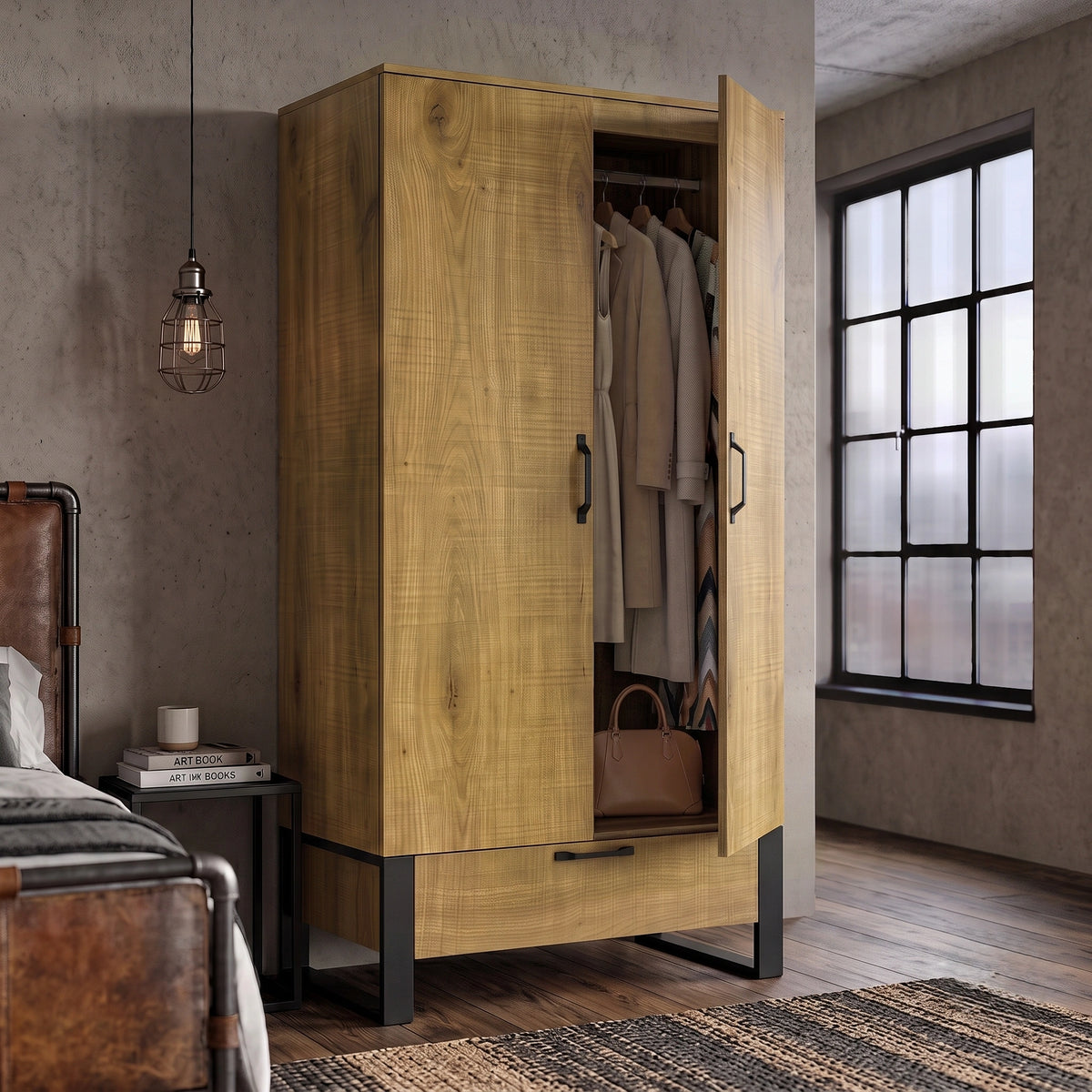 [Oak Effect] wooden wardrobe with a light oak finish and black metal legs, shown open in a bedroom setting next to a bed and window.