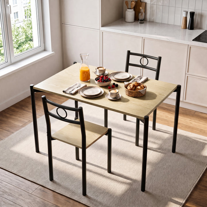 [Oak] Kitchen breakfast scene with the table set for two, plates, coffee cups, berries, bread, orange juice and cutlery