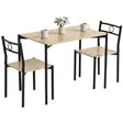 [Oak] Angled studio view of the three-piece dining set with two chairs, circular backs, mugs and a flower vase
