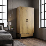 [Oak Effect] Rustvale wardrobe in bedroom with closed doors, lower drawer, concrete wall, window, bed and plant.