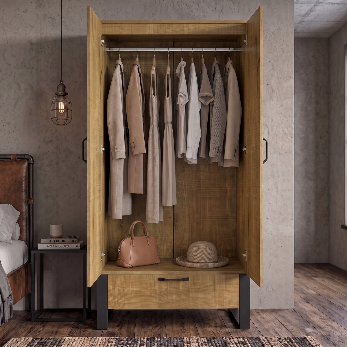 [Oak Effect] Rustvale wardrobe with doors open, showing hanging rail, jackets, dress, handbag, hat, and concrete wall.