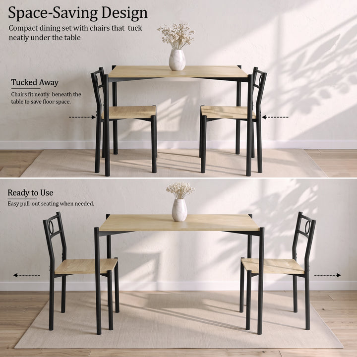 [Oak] Space-saving layout showing the two chairs tucked under the table, then pulled out ready for use