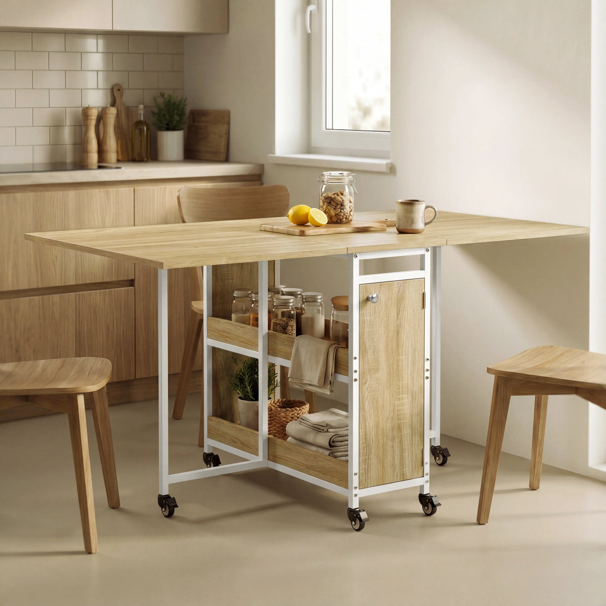 [Sonoma Oak] Kitchen & Dining Furniture Sets open dining table in a compact kitchen corner with stools and tableware.