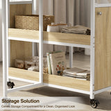 [Sonoma Oak] Kitchen & Dining Furniture Sets centre storage shelves with basket, jars, cookbook, and folded linens.