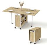 [Sonoma Oak] Kitchen & Dining Furniture Sets open and closed table views with place settings, storage base, and wheels.