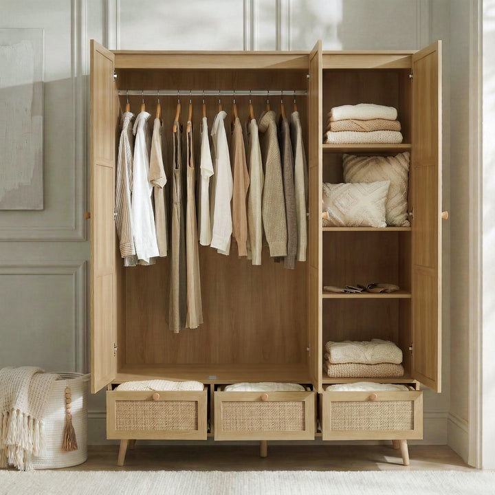 [Oak Effect] Wovena rattan bedroom furniture set wardrobe open showing hanging rail and base drawer with cushion