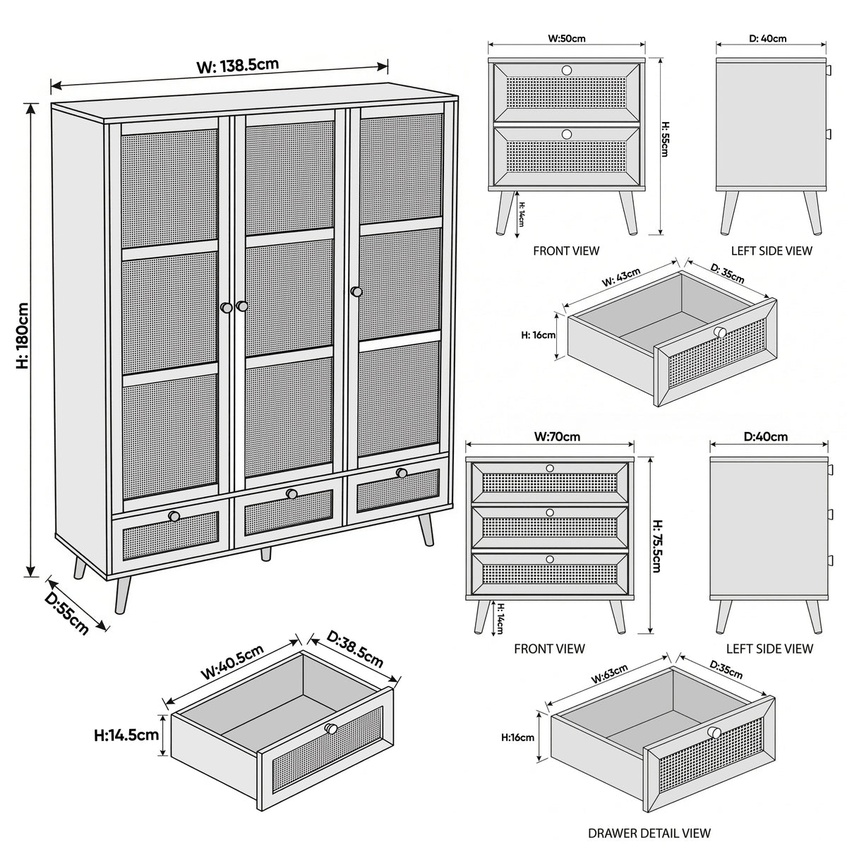 [Oak Effect] Wovena bedroom set dimensions showing bedside table 50x40x55cm, 3-drawer chest 70x40x75.5cm, and wardrobe 138.5x55x180cm