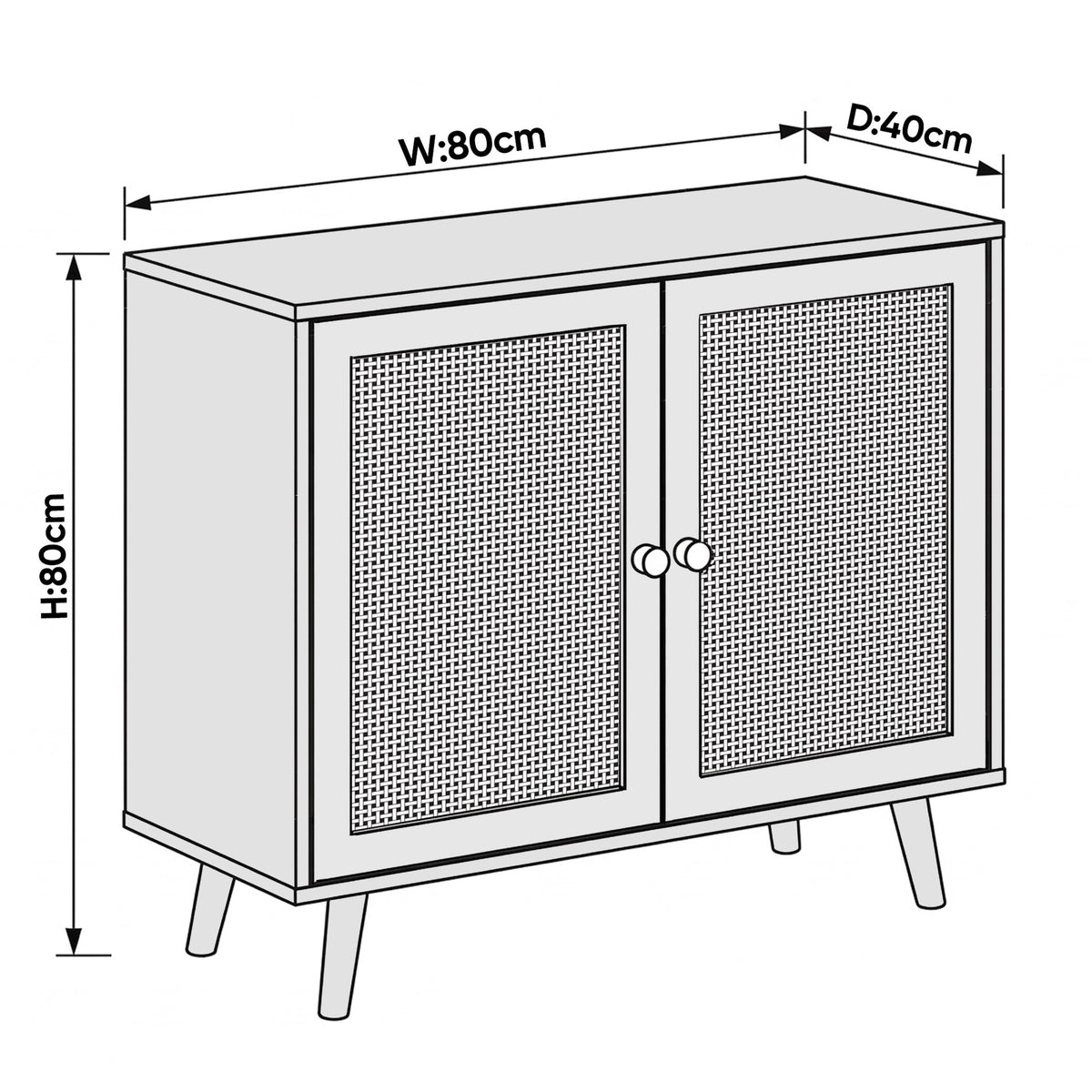 [Oak Effect] Wovena sideboard dimension diagram, 80cm width, 80cm height, 40cm depth, two rattan doors