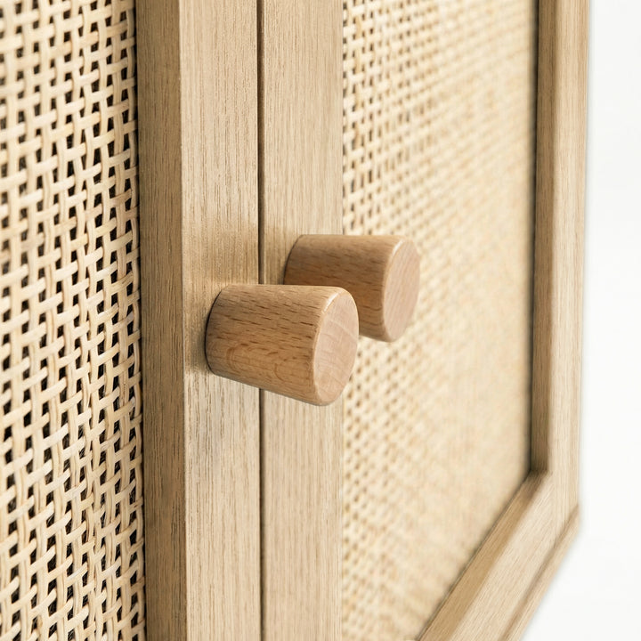 [Oak Effect] macro of Wovena sideboard oak knobs side by side, rattan diamond weave visible left and right