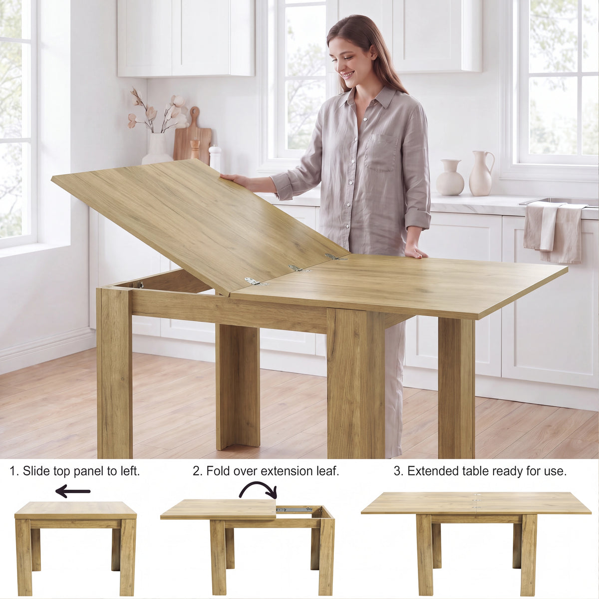 [Oak] Woman extending the table through three labelled steps from closed to ready for use