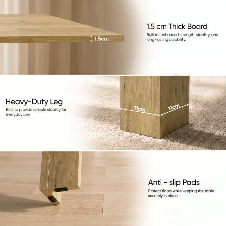 [Oak] Detail guide showing board thickness, 11 x 11cm sturdy leg and anti-slip footpads protecting floors
