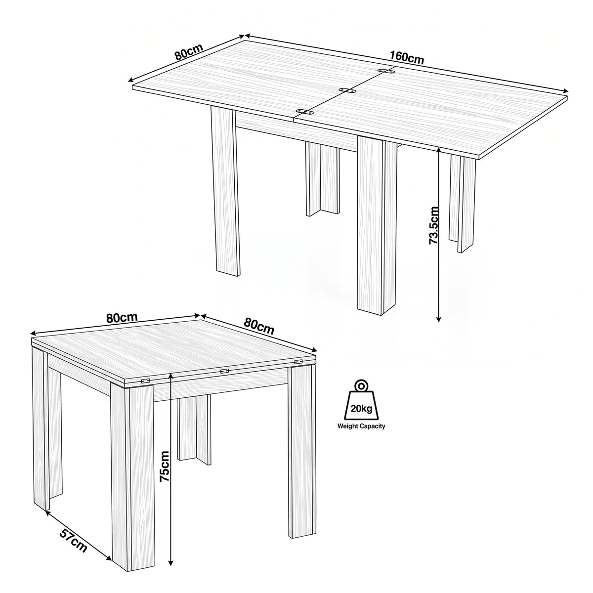 [Oak] Flip-top table size guide showing closed and extended dimensions, clearance and 20kg capacity