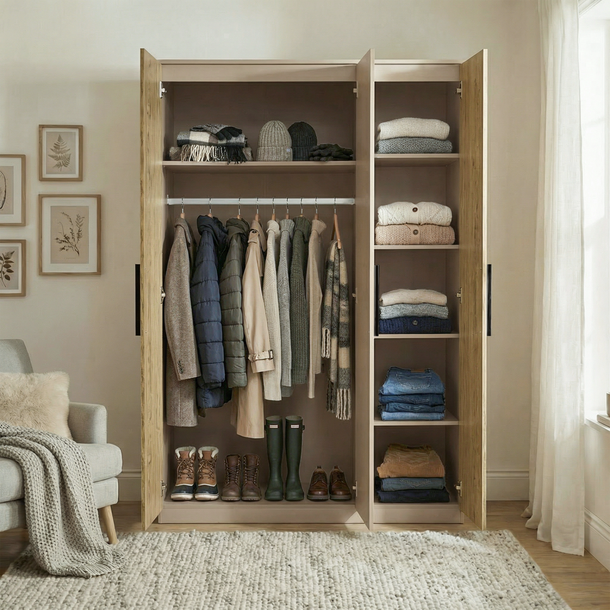 [Oak+Cashmere]  three door wardrobe interior with hanging rail section and side shelving compartments